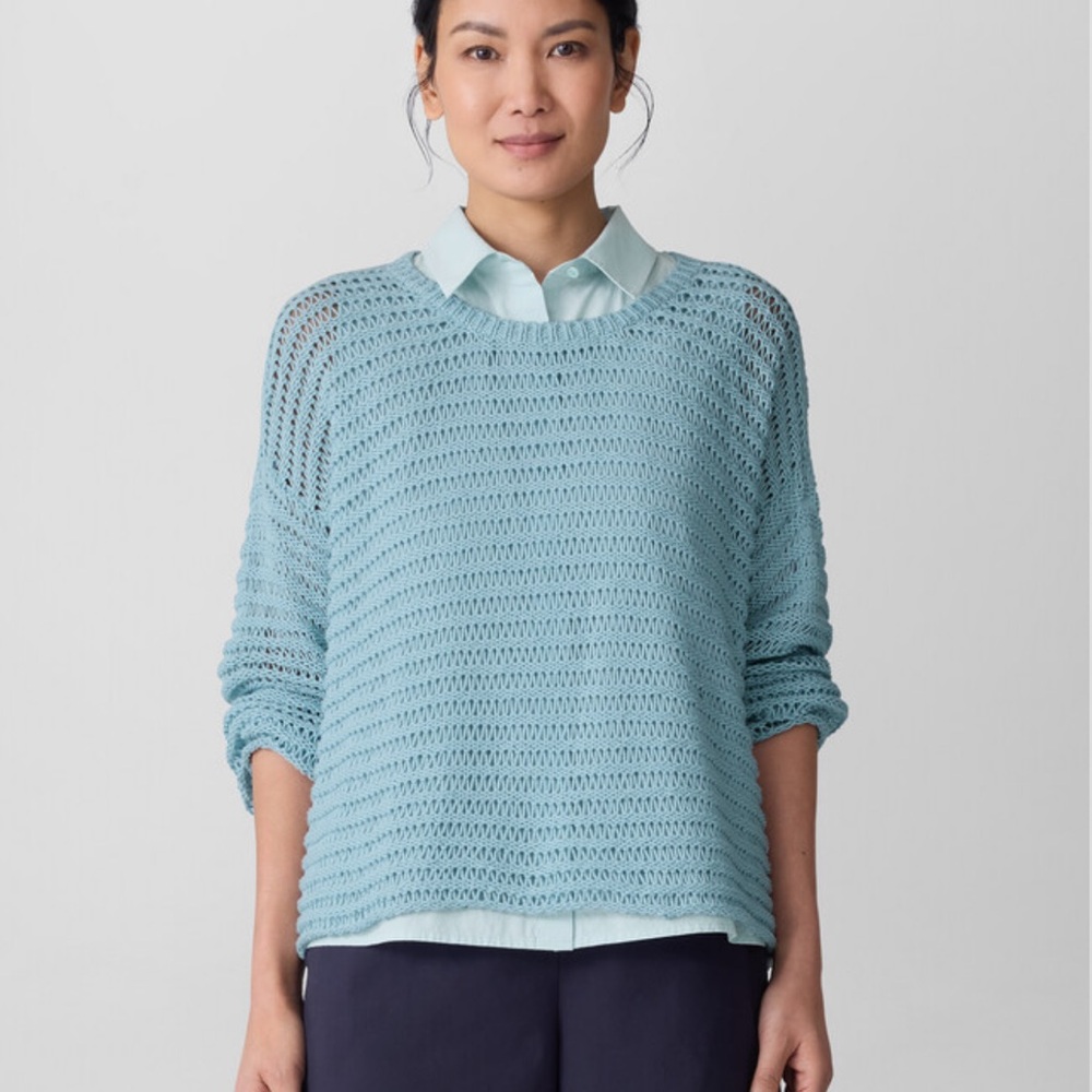 Eileen Fisher Peruvian Organic Cotton Cord Crew Neck Top Pale Sky Large NWT